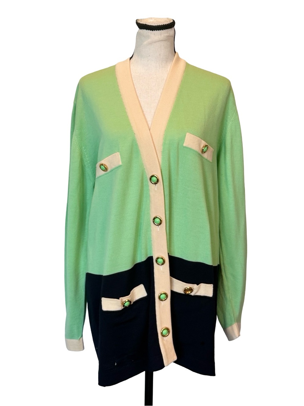 Escada Margaretha Ley 100% Wool Cardigan Sweater Mint Green Colorblock Size 42